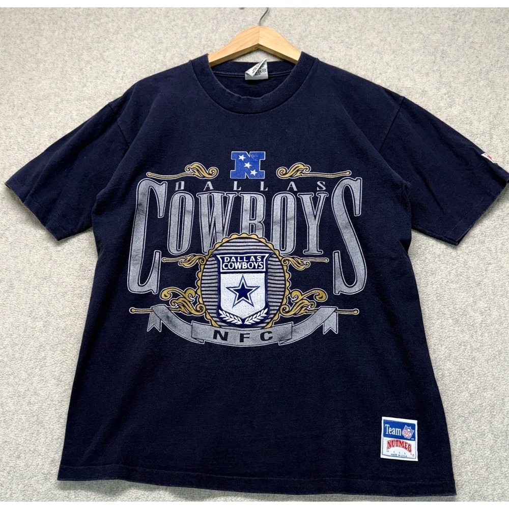 Vintage 90s Nutmes Mens Dallas‎ Cowboys T-Shirt Navy Blue NFL Logo USA Made L